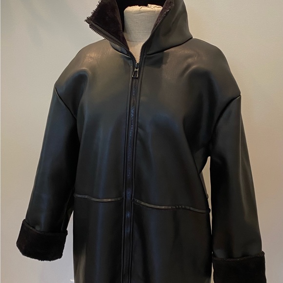 NA-KD Womens Black Faux Leather Coat with Zipper Closure w Faux Fur Lining / 36 - Picture 4 of 16